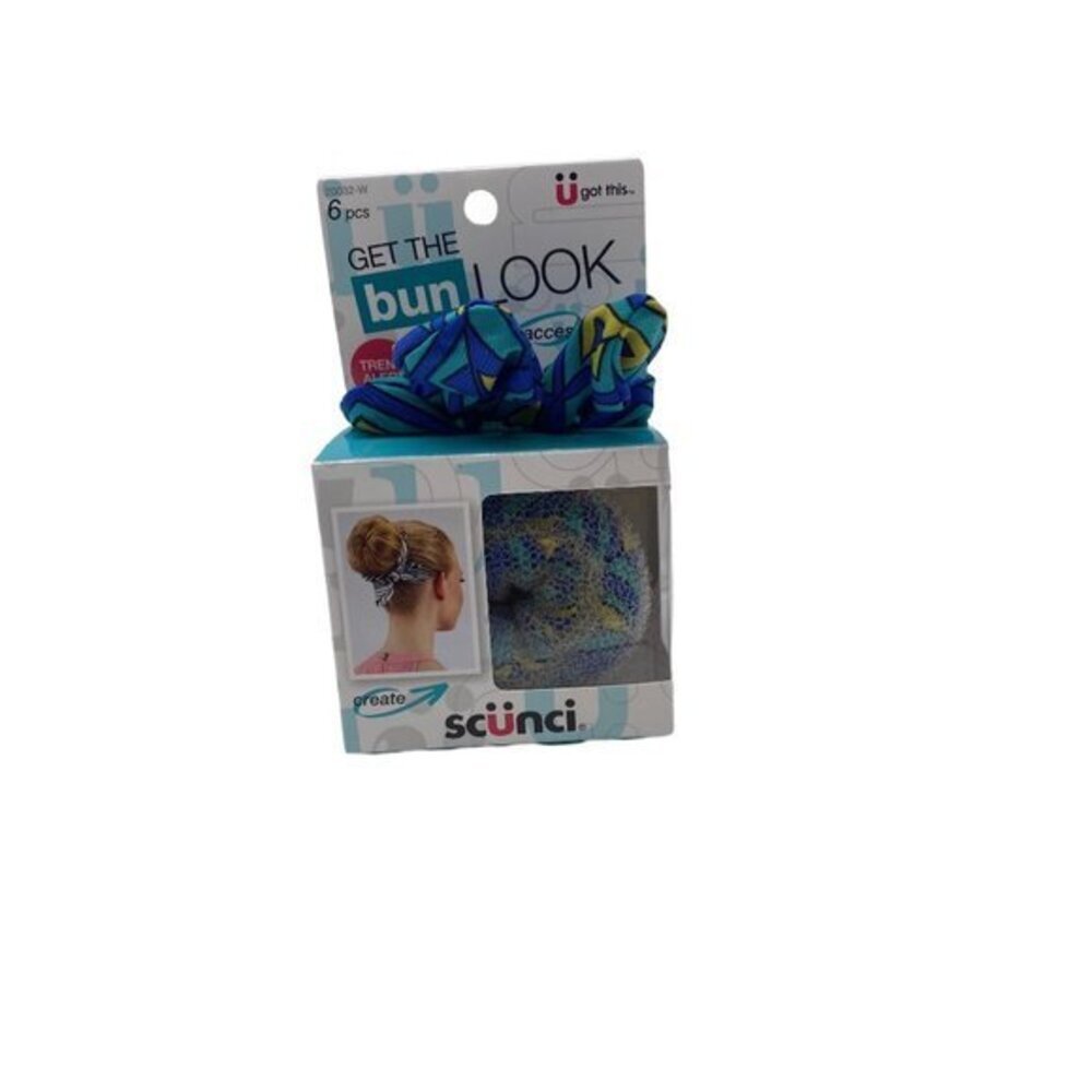 Scunci Bun Maker Set Blue Geometric Retro Hair‎ Accessory Donut Ring Shaper Bow